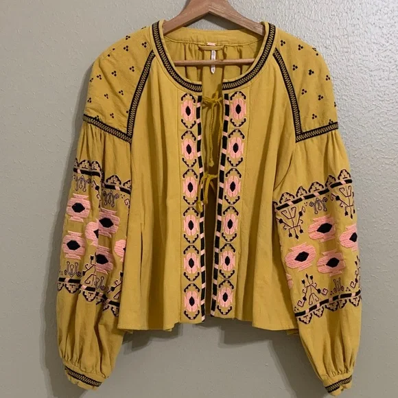 Free People Women’s Embroidered Linen Blend Blouse Jacket Mustard Hippie Boho M - Picture 1 of 12